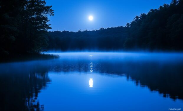 Moon wallpaper with a calm lake reflecting the moonlight.