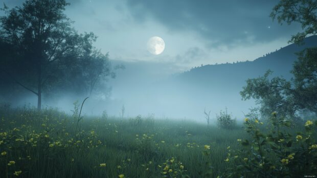 Moonlight filtering through dense clouds over a tranquil meadow, with soft gradients of light illuminating the scene, 4K Wallpaper.