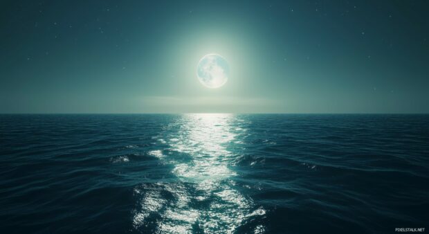 Moonlight reflecting on calm ocean waves under a cloudless sky.