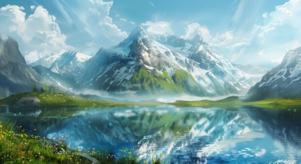 Mountain landscape 1080p Full HD background with a crystal clear lake, reflection of peaks in the water.