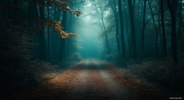 Mysterious dark forest pathway, lined with elegant shadowed trees and a smooth, misty atmosphere.