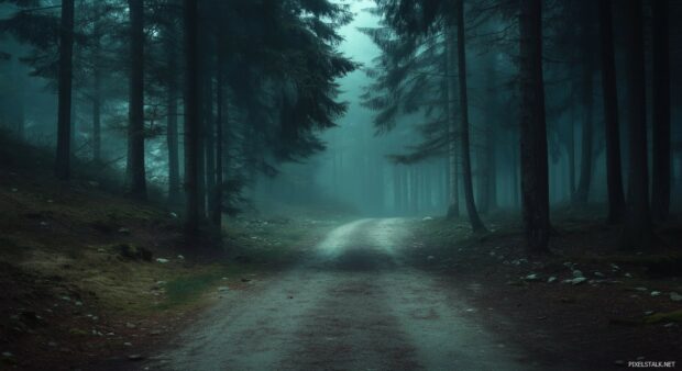 Mysterious dark forest pathway, lined with elegant shadowed trees and a smooth, misty atmosphere.