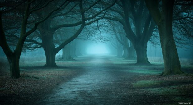 Mystical fog covered forest path is framed by towering trees with delicate branches fading into the mist.