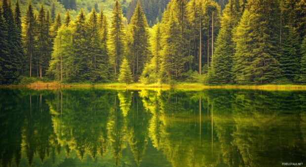 Nature 1080p HD Wallpaper with tall trees and a tranquil, glass like surface lake.