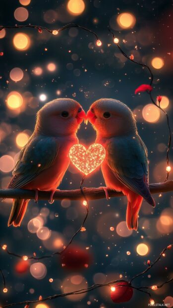 Nature Love Wallpaper with Two lovebirds perched on a branch, with their beaks touching to form a heart shape, surrounded by glowing fairy lights and twinkling stars in the evening sky.