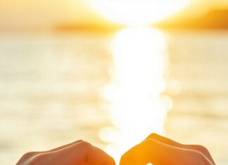 Nature Love iPhone wallpaper with a close up of a couple's hands forming a heart shape against the backdrop of a sunset, creating a warm and loving mood.