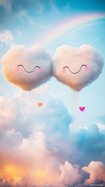 Nature Love iPhone wallpaper with a pair of smiling clouds with heart shaped rain falling from them, creating a cute and whimsical love scene, surrounded by a pastel sky with rainbows.