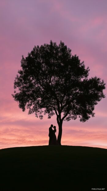 Nature Love iPhone wallpaper with a silhouette of a couple embracing under a pink and purple sky filled with clouds, evoking feelings of deep love and connection.