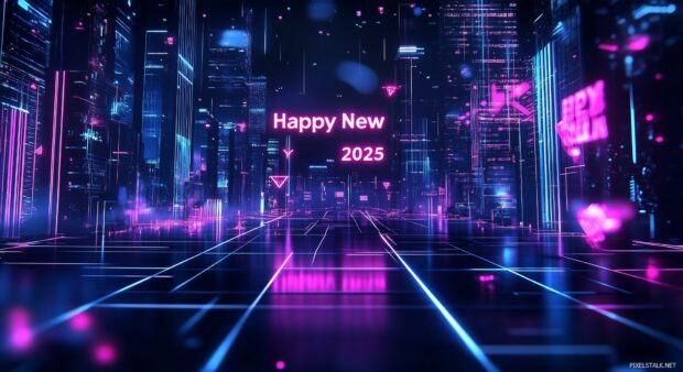 Neon Happy New Year 2025 glowing in vibrant pink and blue neon lights on a cyberpunk inspired black background.