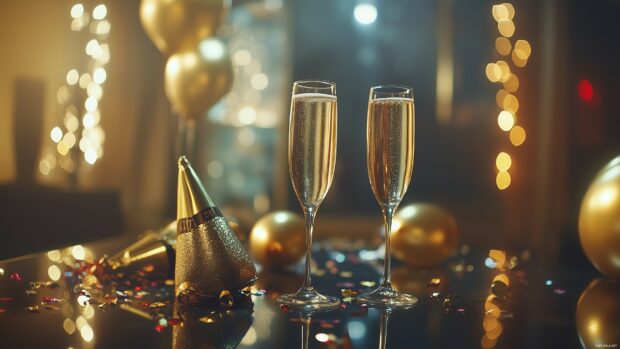 New Year holiday party scene with festive table decor including champagne glasses, golden party hats, confetti, and balloons.