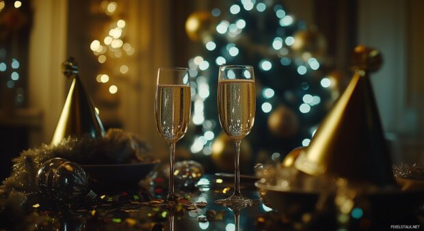 New Year holiday party scene with festive table decor including champagne glasses, golden party hats, confetti, and balloons.