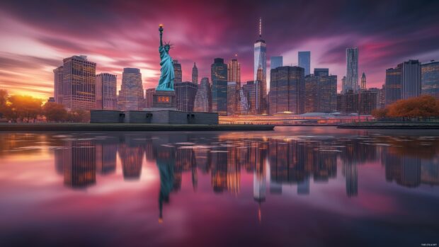 New York City Desktop Wallpaper with the Manhattan skyline in the background during a vibrant sunset.