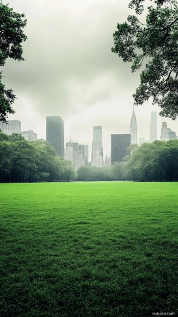 New York City iPhone Wallpaper with simple view of Central Park green lawns with the city skyline faintly visible in the background.