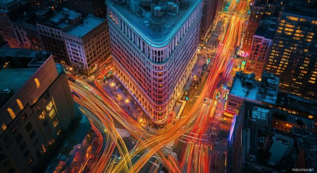 New York Street Wallpaper with the Flatiron Building surrounded by the vibrant energy of the city.