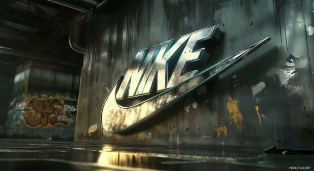 Nike 3D logo in metallic finish against a grungy skateboard park background.