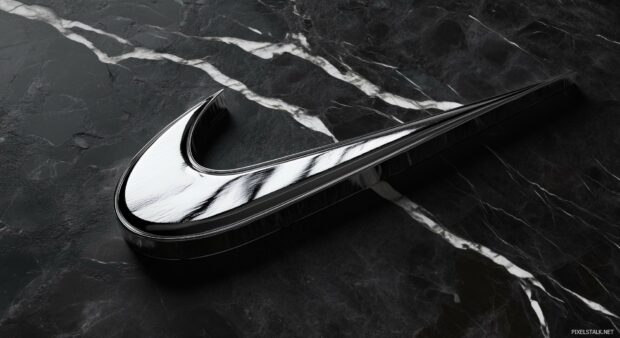 Nike 3D wallpaper features swoosh logo in metallic silver against a dark marble texture.