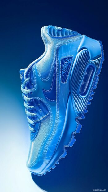 Nike Air Max shoes with a futuristic design, set against a sleek, gradient background transitioning from deep blue to light blue.