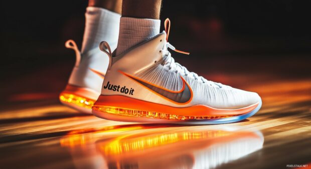 Nike Basketball 3D sneakers in action on a vibrant court with bold lighting effects.