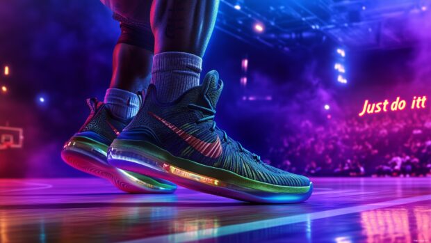 Nike Basketball sneakers in action on a vibrant court with bold lighting effects.