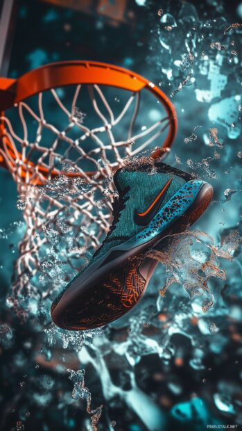 Nike Basketball sneakers with a vibrant, action packed background featuring a basketball hoop and court elements.