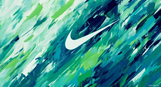 Nike Desktop Wallpaper with a swoosh logo incorporated into a dynamic, abstract brushstroke design in shades of green and blue.