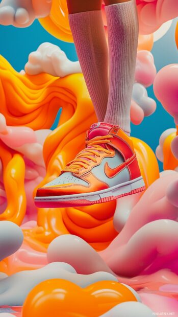 Nike Dunk sneakers displayed in a vibrant, colorful setting with artistic elements, showcasing the shoe’s bold design and trendy aesthetic.