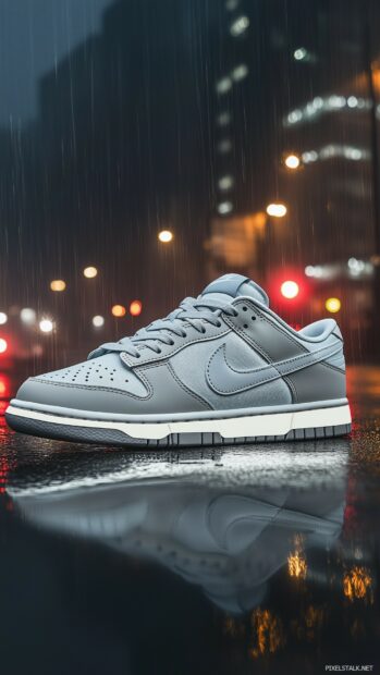 Nike Dunk sneakers on a sleek urban backdrop with a cityscape, emphasizing the stylish and contemporary look of the shoe.