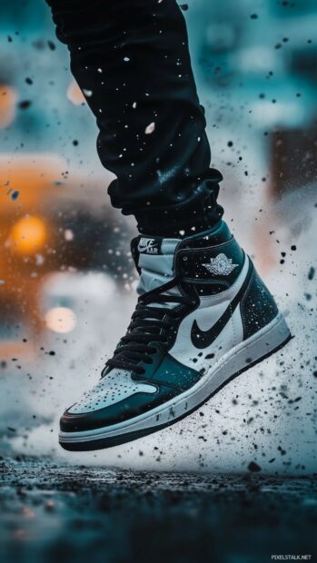 Nike Jordan sneakers in an action shot, with a dynamic background showcasing movement and energy.