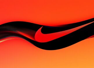 Nike Logo Wallpaper HD featuring the iconic swoosh in a bold, dynamic design with a gradient of red and black.