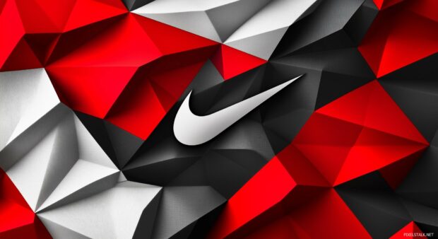 Nike Logo background with a swoosh logo integrated into a high contrast black and red geometric pattern.