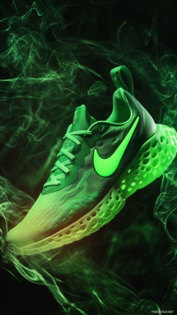 Nike React shoes in a vibrant neon green, set against a sleek black background with abstract light patterns for a high energy feel.