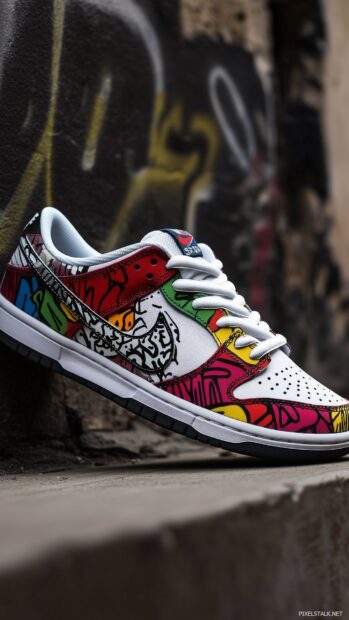 Nike SB Dunk shoes with a colorful graffiti design, set against a contrasting dark background to enhance the vivid colors.