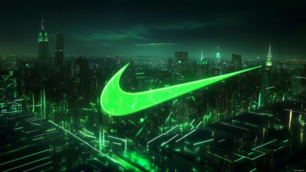 Nike background 4K showcasing a large swoosh logo in neon green on a dark urban skyline backdrop.