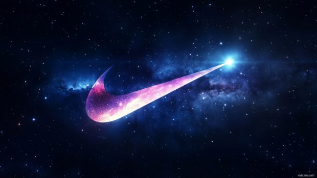 Nike logo emerging from a stunning galaxy swirl, with bright stars and deep space hues creating a celestial glow.