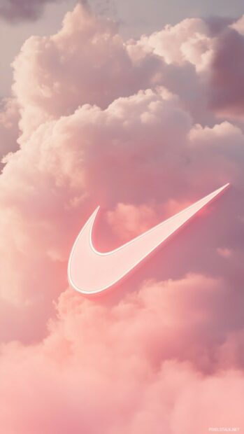 Nike logo with a glow effect on a pastel pink background, creating a dreamy and elegant atmosphere.