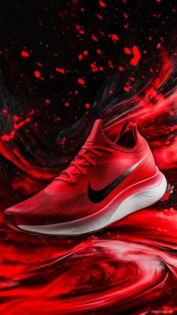 Nike running shoes in vibrant red, showcased against a dynamic.