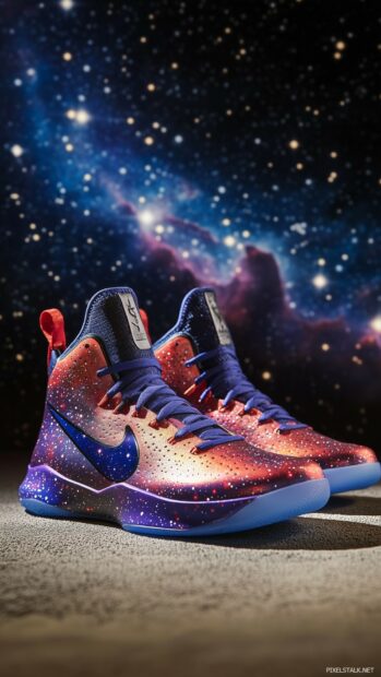 Nike sneakers 3D Wallpaper with a galaxy pattern on the background of a star filled space.