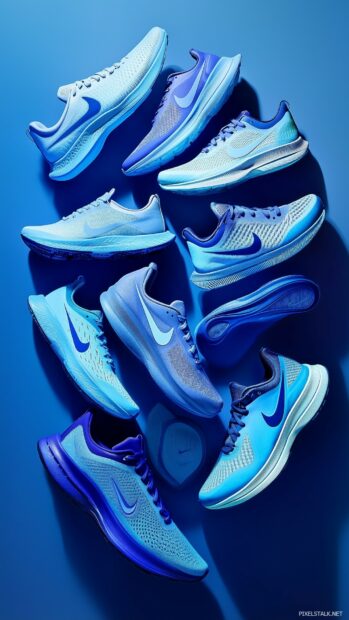 Nike sneakers in various shades of blue.