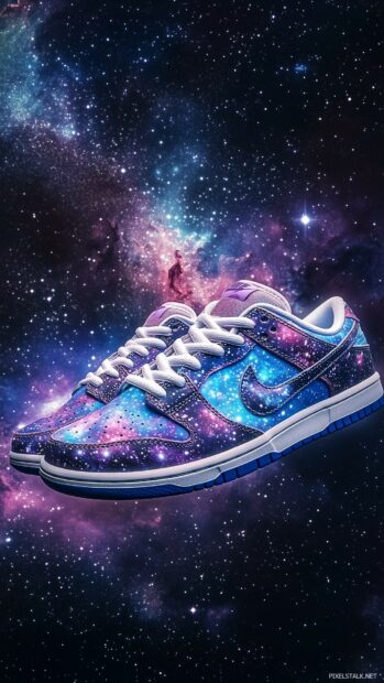 Nike sneakers with a galaxy pattern on the background of a star filled space.