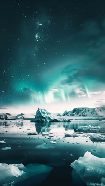 Northern Lights 1080 x 1920 Wallpapers Vertical with a breathtaking view of arctic icebergs.