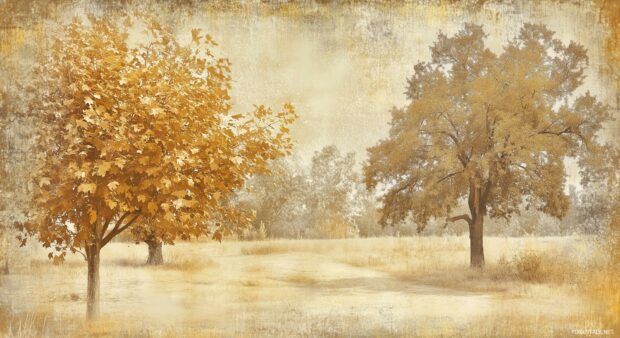 Old fashioned sepia toned trees shedding autumn leaves, with a simple faded background.