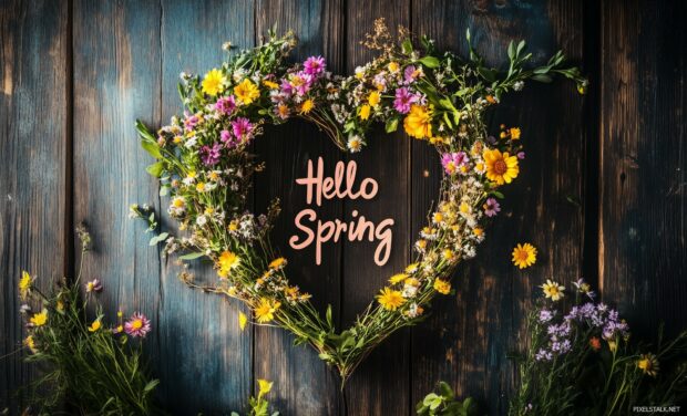 Overhead shot of wildflowers arranged in a heart shape on a rustic wooden background, with Hello Spring placed inside the heart in a stylish calligraphy font.