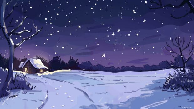 PC wallpaper Winter with stars shining above a snowy landscape.