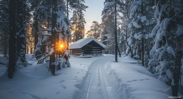 PC wallpaper winter forest with a snow covered cabin in the distance.