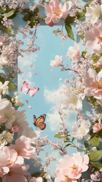 Pastel colored springtime scenes features gardens, flowers, and butterflies arranged.