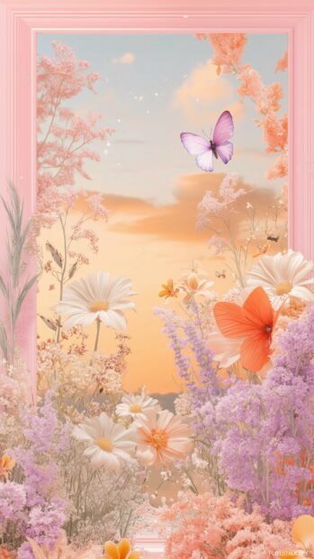 Pastel colored springtime scenes featuring gardens, flowers, and butterflies arranged in a polaroid frame style layout.