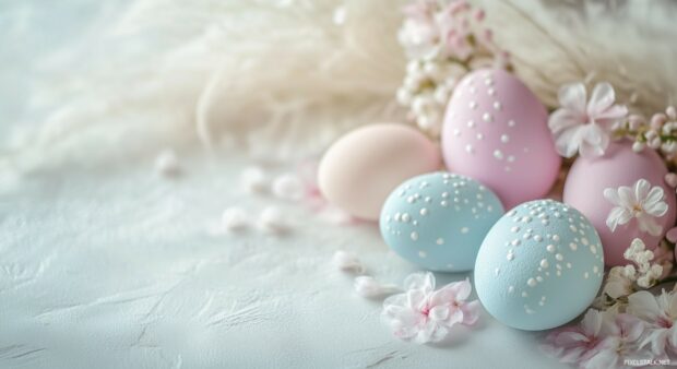 Pastel painted Easter eggs in an elegant arrangement with delicate flowers and feathers on a light surface.