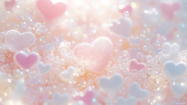 Pastel pink and white hearts, lightly scattered with a soft, airy glow for a cute Valentine Desktop Background.