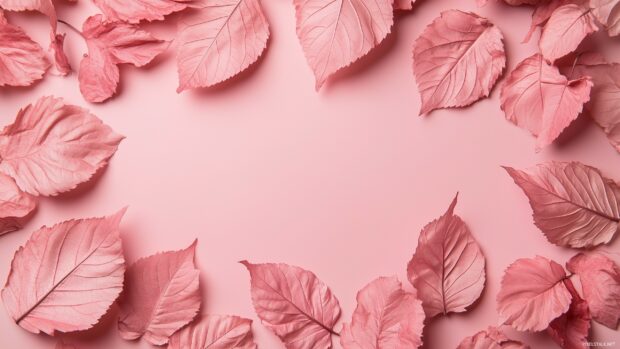 Pastel pink fall leaves with gentle shadows on a smooth light pink background (2).