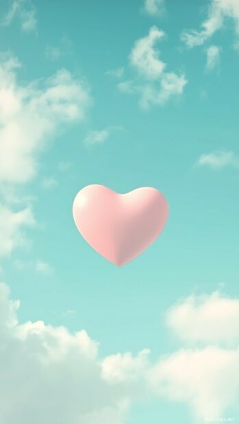 Pastel pink heart floating on a plain sky blue background.